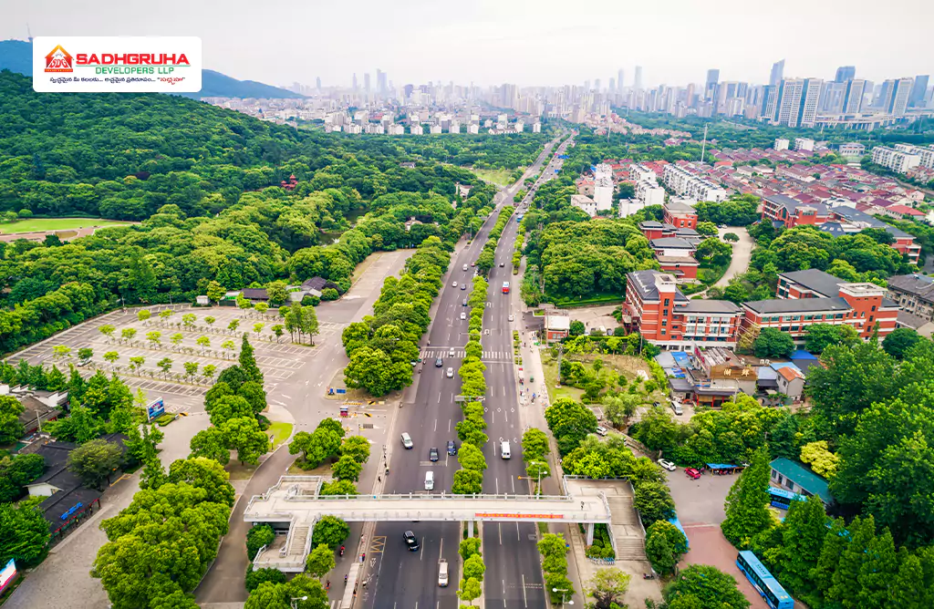 Cityscape with Lush Greenery and Roads